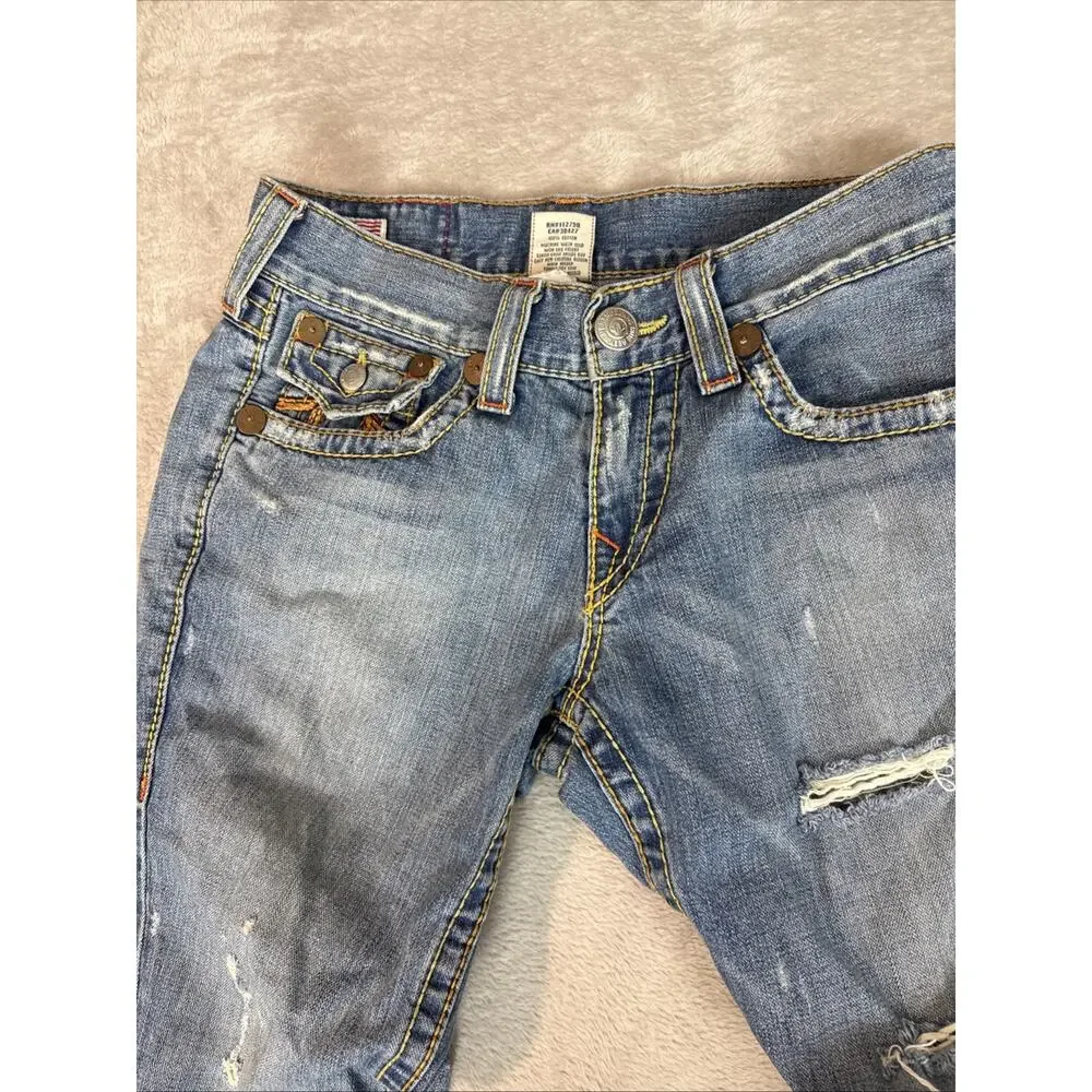 VINTAGE True Religion Rainbow Joey Distressed Low Rise Flared Jeans Retro Men’s